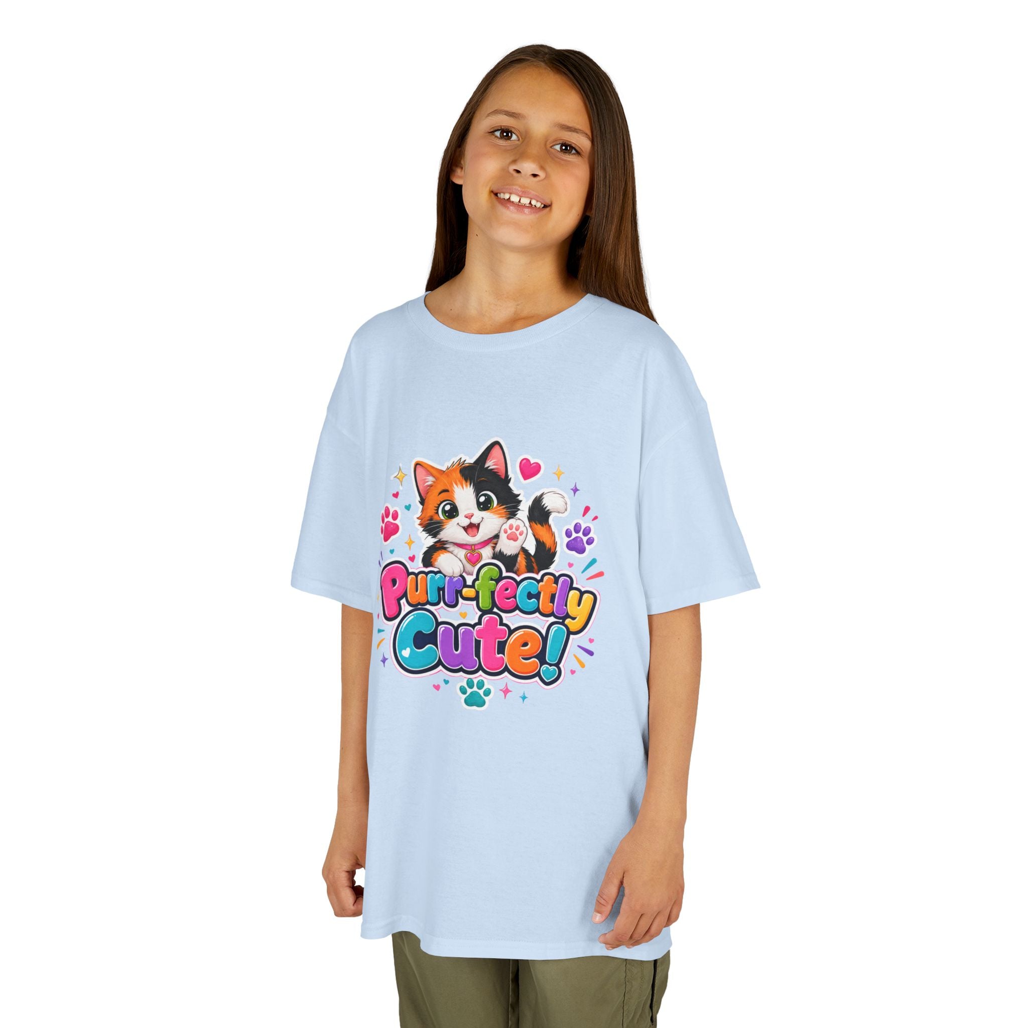 Kids Tee — “Purr-fectly Cute!” Colorful Calico Cat Graphic