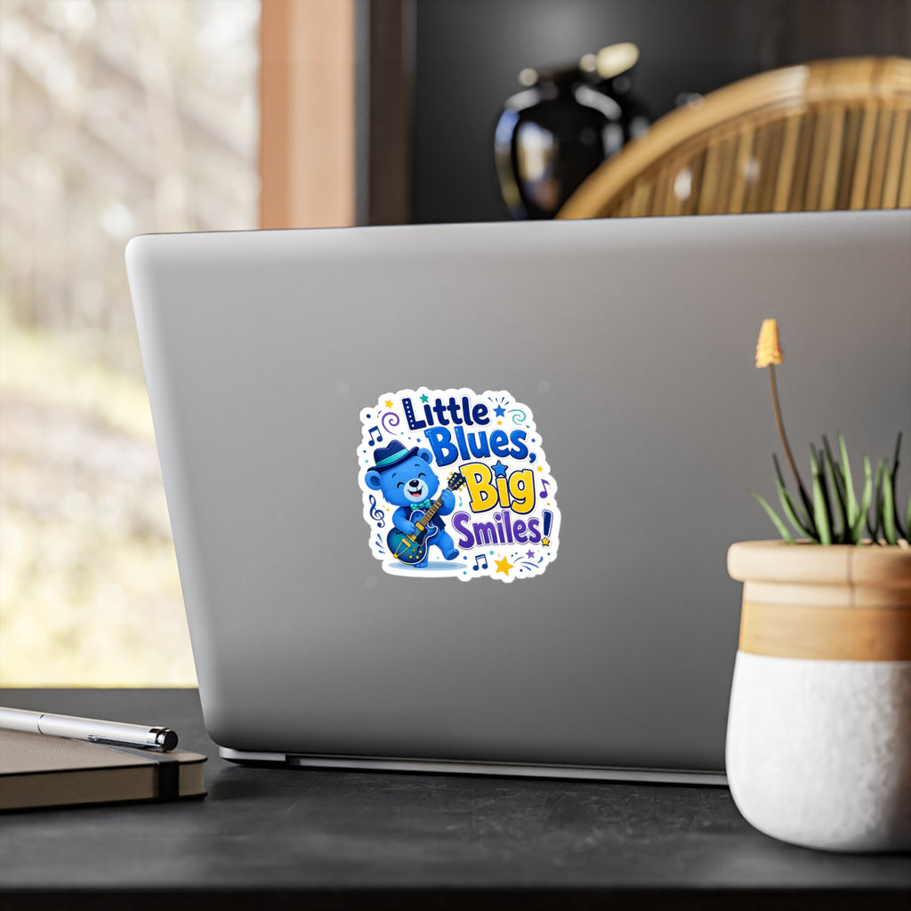 Little Blues Big Smiles Sticker — Cute Guitar Bear Kiss-Cut Vinyl Decal