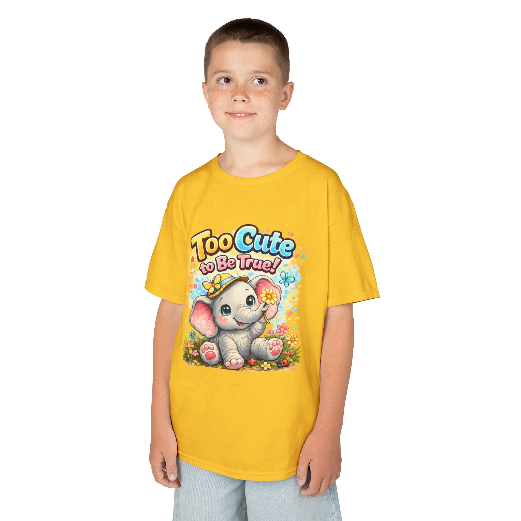 Kids Tee — "Too Cute to Be True" Elephant Graphic