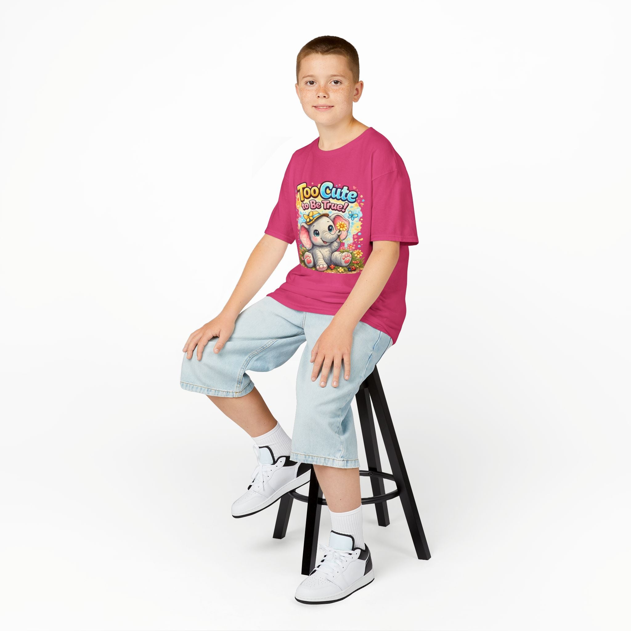 Kids Tee — "Too Cute to Be True" Elephant Graphic