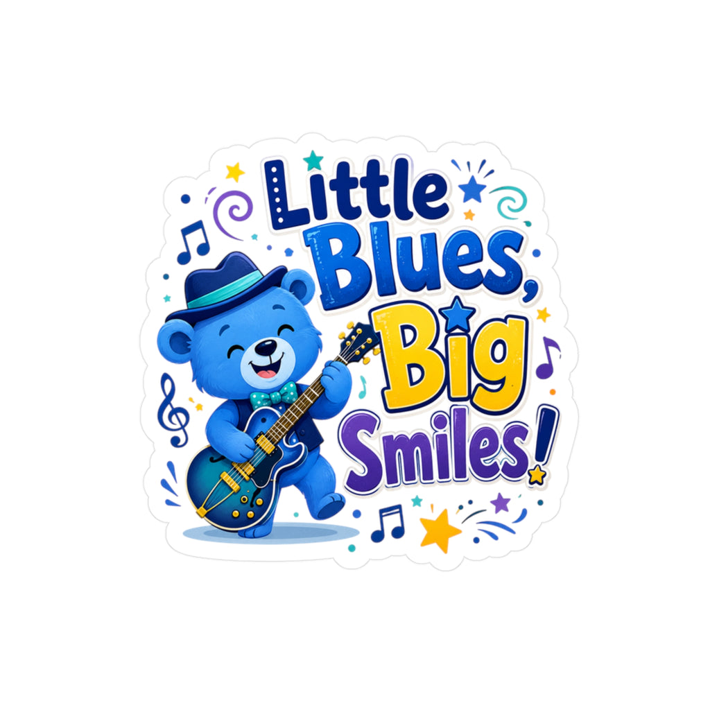 Little Blues Big Smiles Sticker — Cute Guitar Bear Kiss-Cut Vinyl Decal