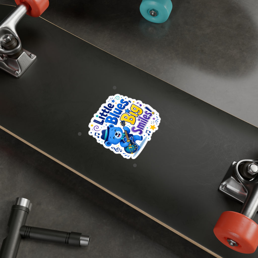 Little Blues Big Smiles Sticker — Cute Guitar Bear Kiss-Cut Vinyl Decal
