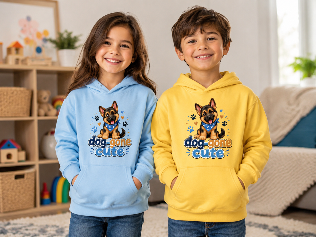 Kids Hoodie - "Dog-Gone Cute" German Shepherd Puppy Graphic Hoodie for Children
