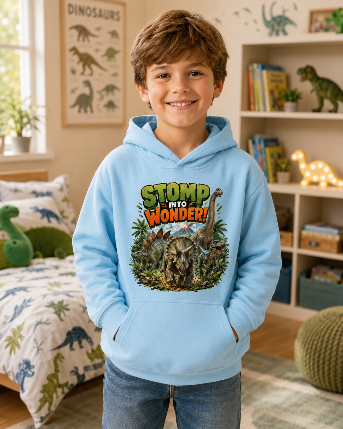 Kids Hoodie — "Stomp Into Wonder" Dinosaur Graphic Pullover