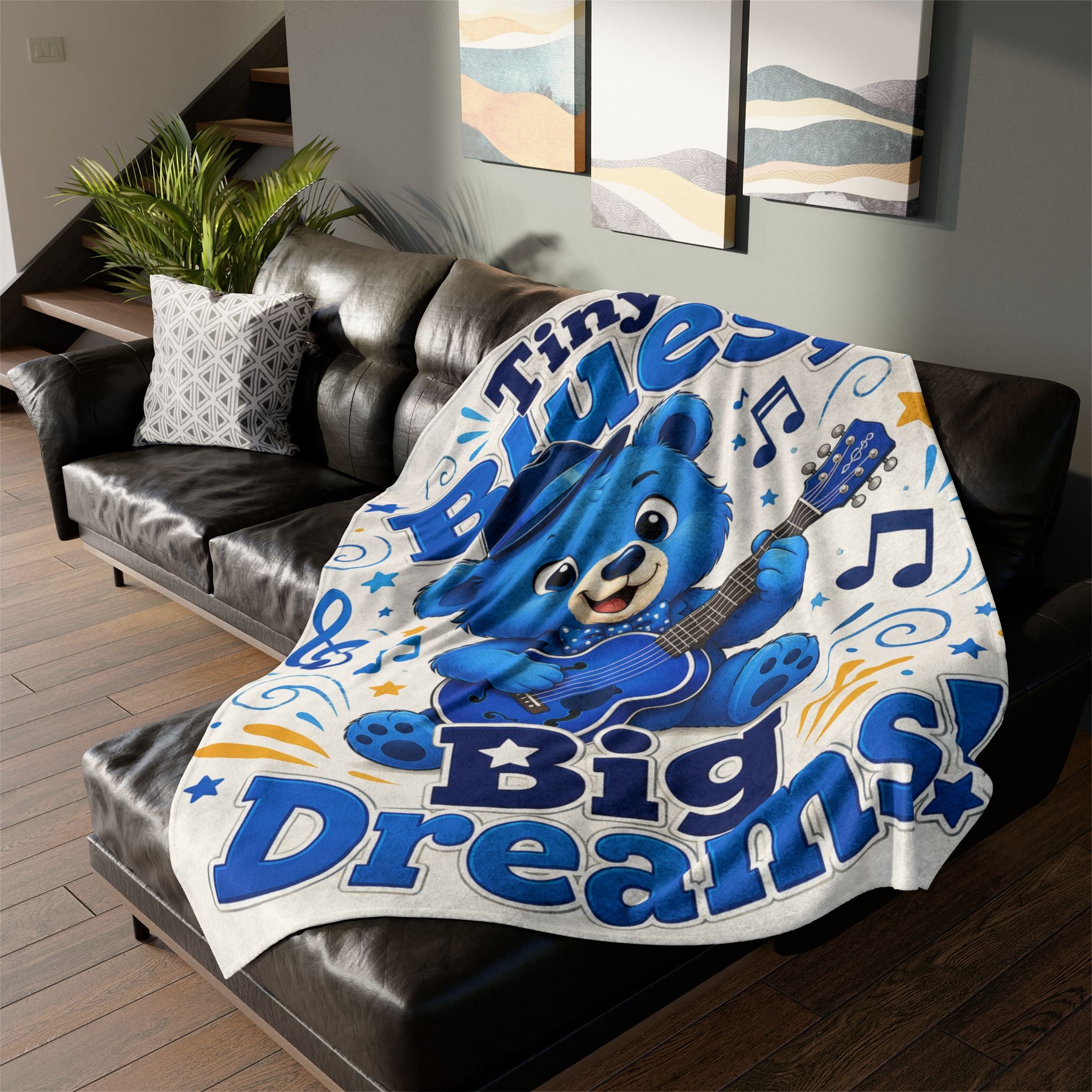 Tiny Blues Bear Plush Throw Blanket — "Tiny Blues Big Dreams" Baby Nursery Gift