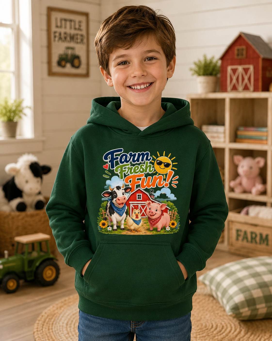 Farm Fresh Fun Kids Hoodie — Cute Cow & Pig Barnyard Design