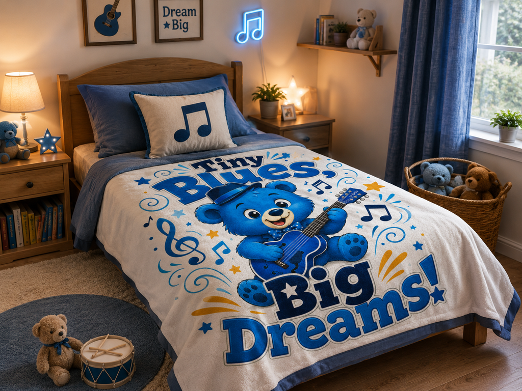Tiny Blues Bear Plush Throw Blanket — "Tiny Blues Big Dreams" Baby Nursery Gift