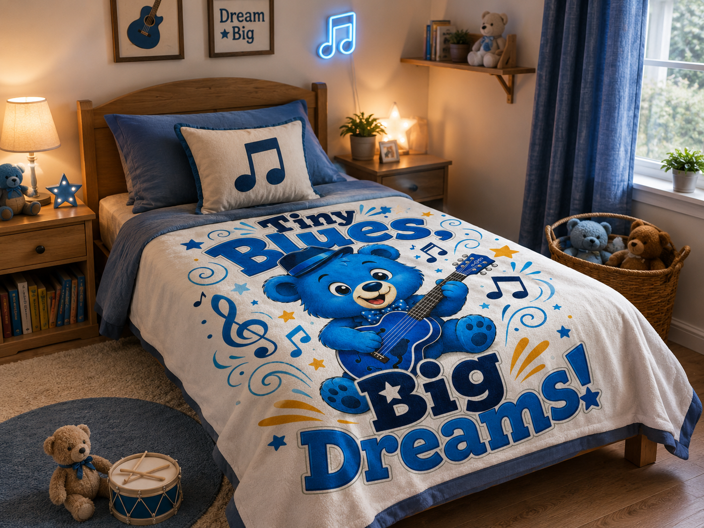 Tiny Blues Bear Plush Throw Blanket — "Tiny Blues Big Dreams" Baby Nursery Gift