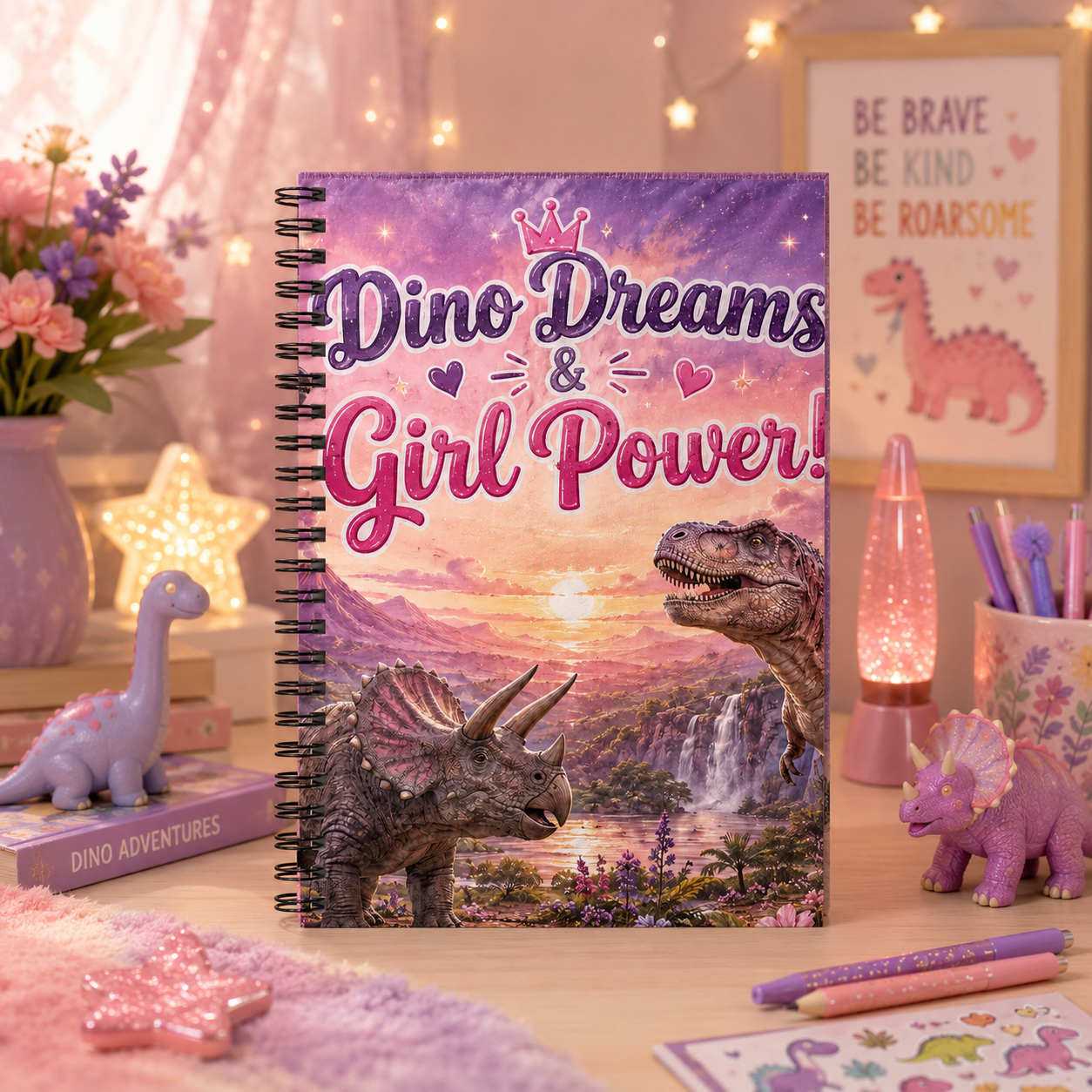 Dino Dreams & Girl Power! Spiral Notebook — Cute Dinosaur Journal for Girls