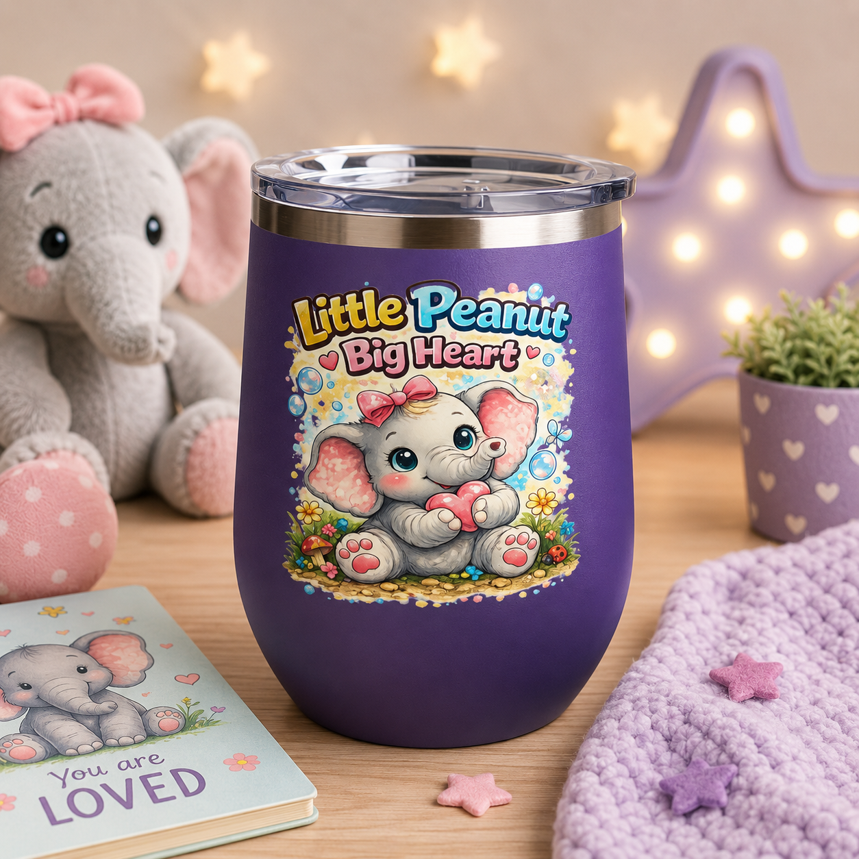 12oz Tumbler — 'Little Peanut Big Heart' Cute Baby Elephant Insulated Cup