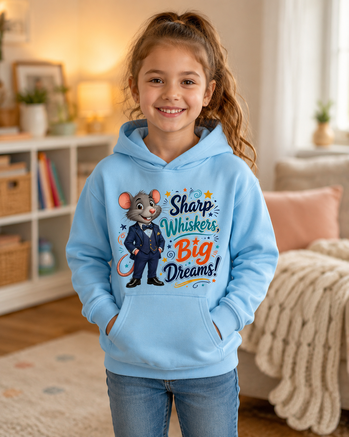 Kids Hoodie — Sharp Whiskers, Big Dreams! Cute Motivational Mouse Graphic Hoodie