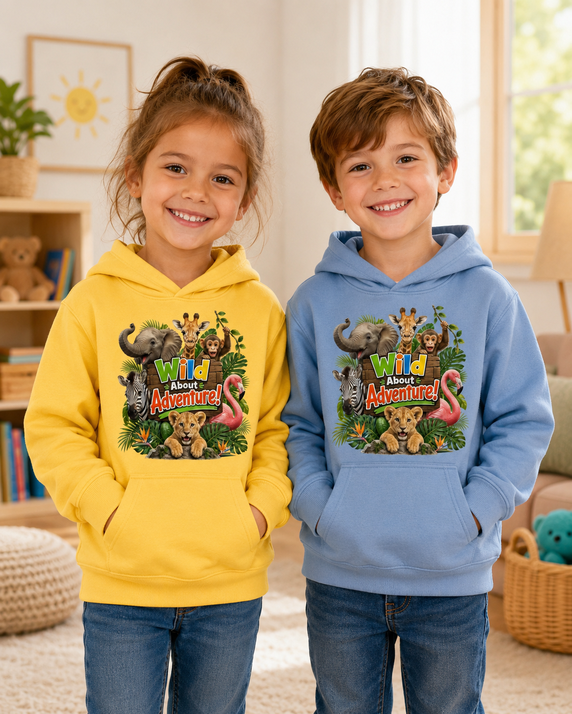 Kids Hoodie - "Wild About Adventure" Cute Jungle Animal Graphic Hoodie for Boys & Girls