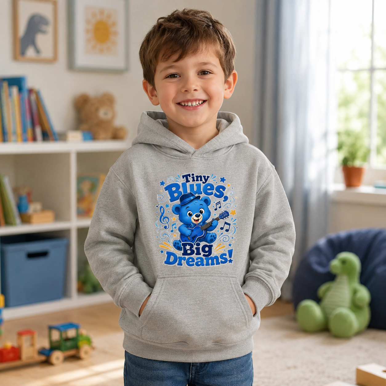 Kids Hoodie - "Tiny Blues Big Dreams" Cute Blue Bear Music Hoodie for Children