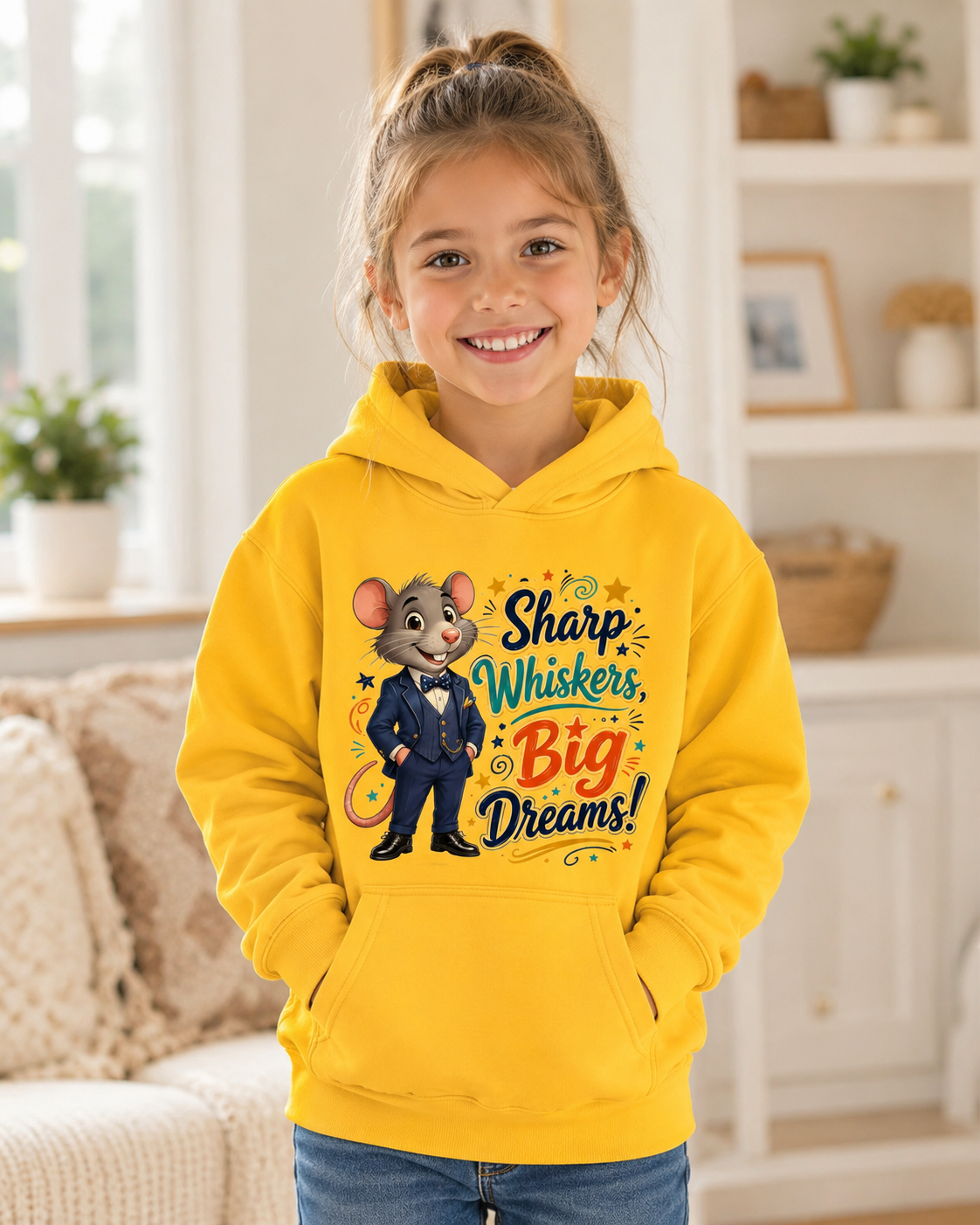 Kids Hoodie — Sharp Whiskers, Big Dreams! Cute Motivational Mouse Graphic Hoodie