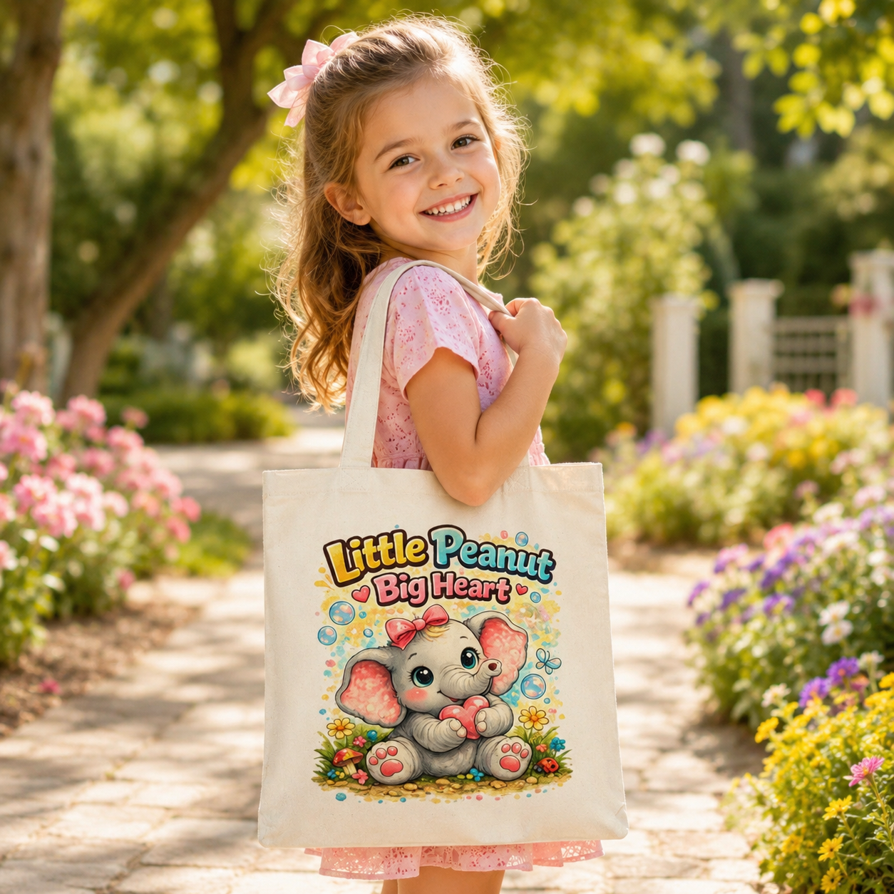 Cute Elephant Tote Bag "Little Peanut Big Heart" — Kids Gift, Nursery Accessory
