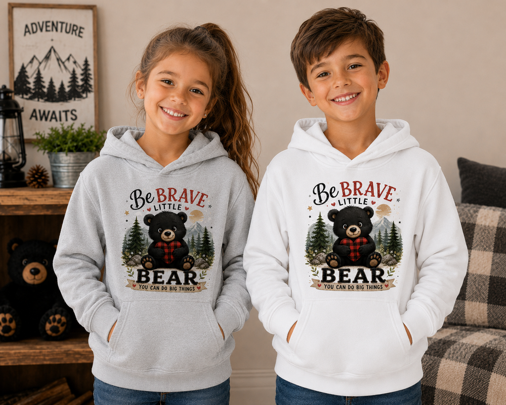 Be Brave Little Bear Kids Hoodie – Cute Woodland Bear Inspirational Sweatshirt for Boys & Girls