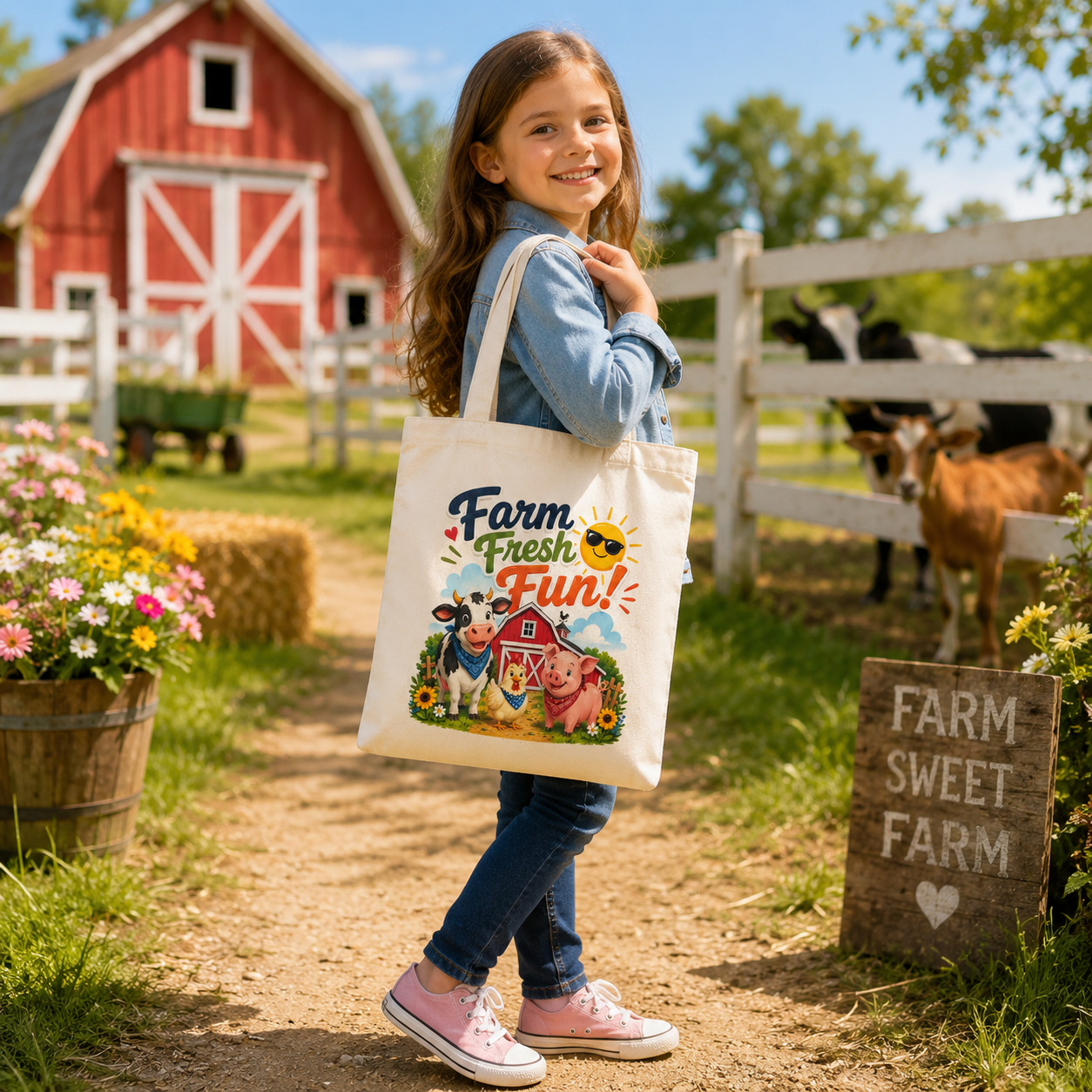Tote Bag — "Farm Fresh Fun!" Cute Barnyard Tote for Farmers Market & Kids