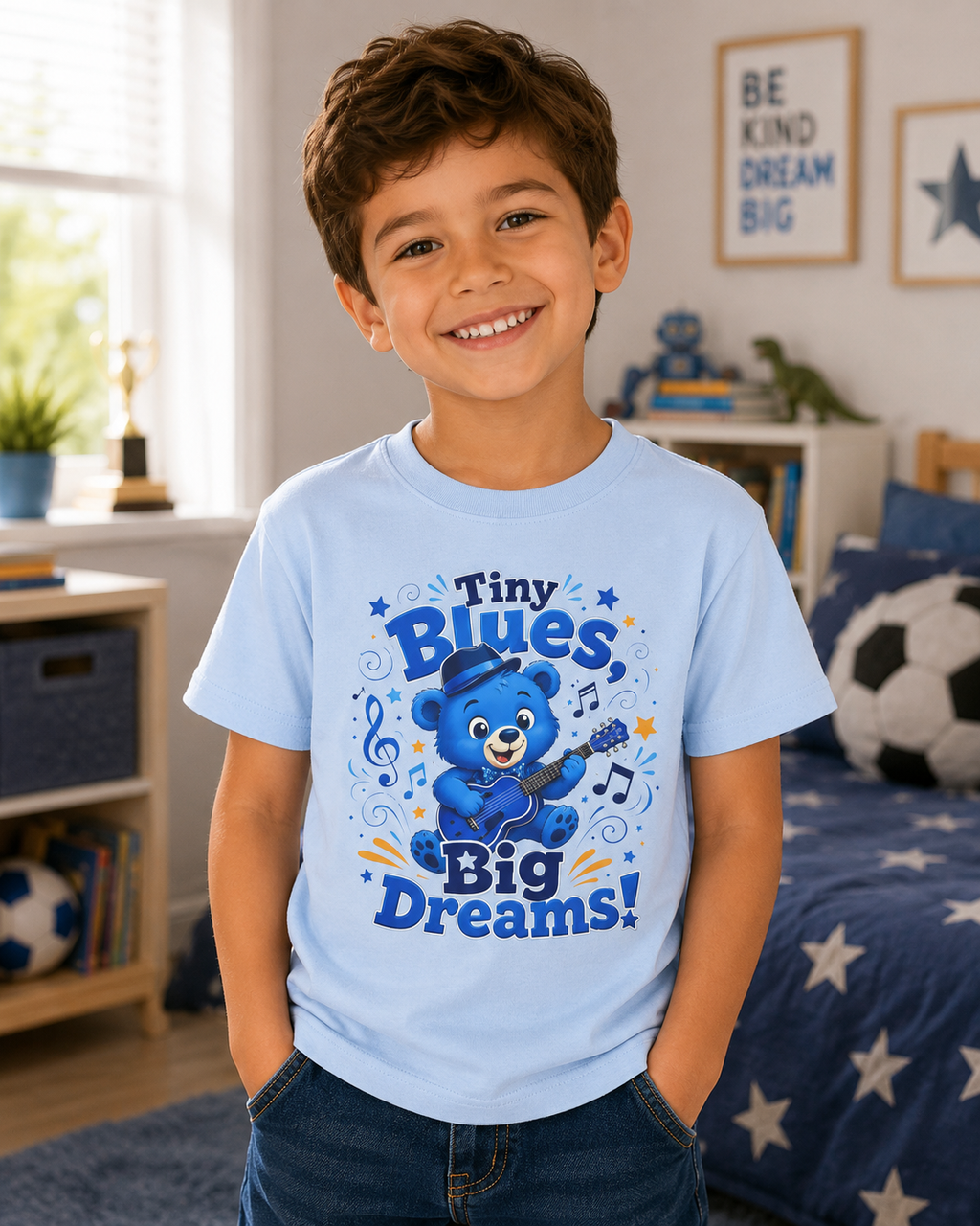 Kids Tee - "Tiny Blues, Big Dreams!" Cute Blue Bear Music Graphic