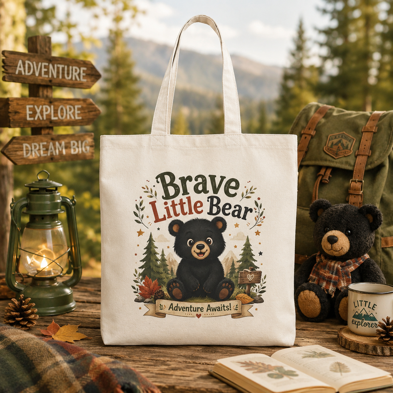 Brave Little Bear Tote Bag — Cute Kids Adventure Canvas Grocery Bag