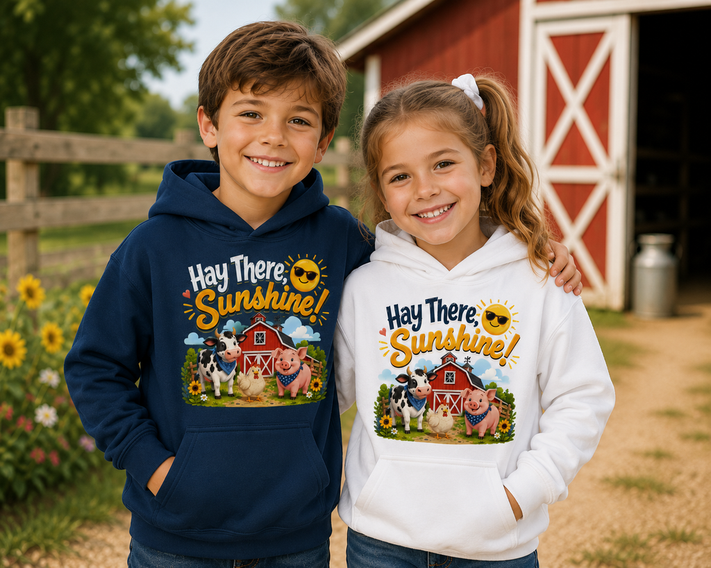 Hay There Sunshine! Kids Hoodie - Cute Farm Animals Barnyard Sweatshirt
