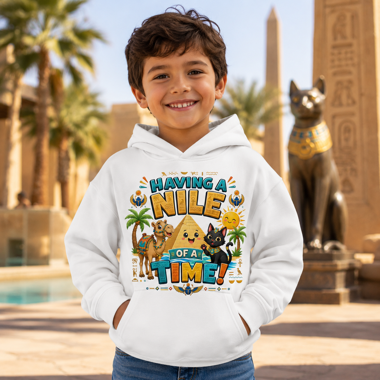 Having a Nile of a Time Kids Hoodie | Cute Egyptian Pyramid Cat Cartoon