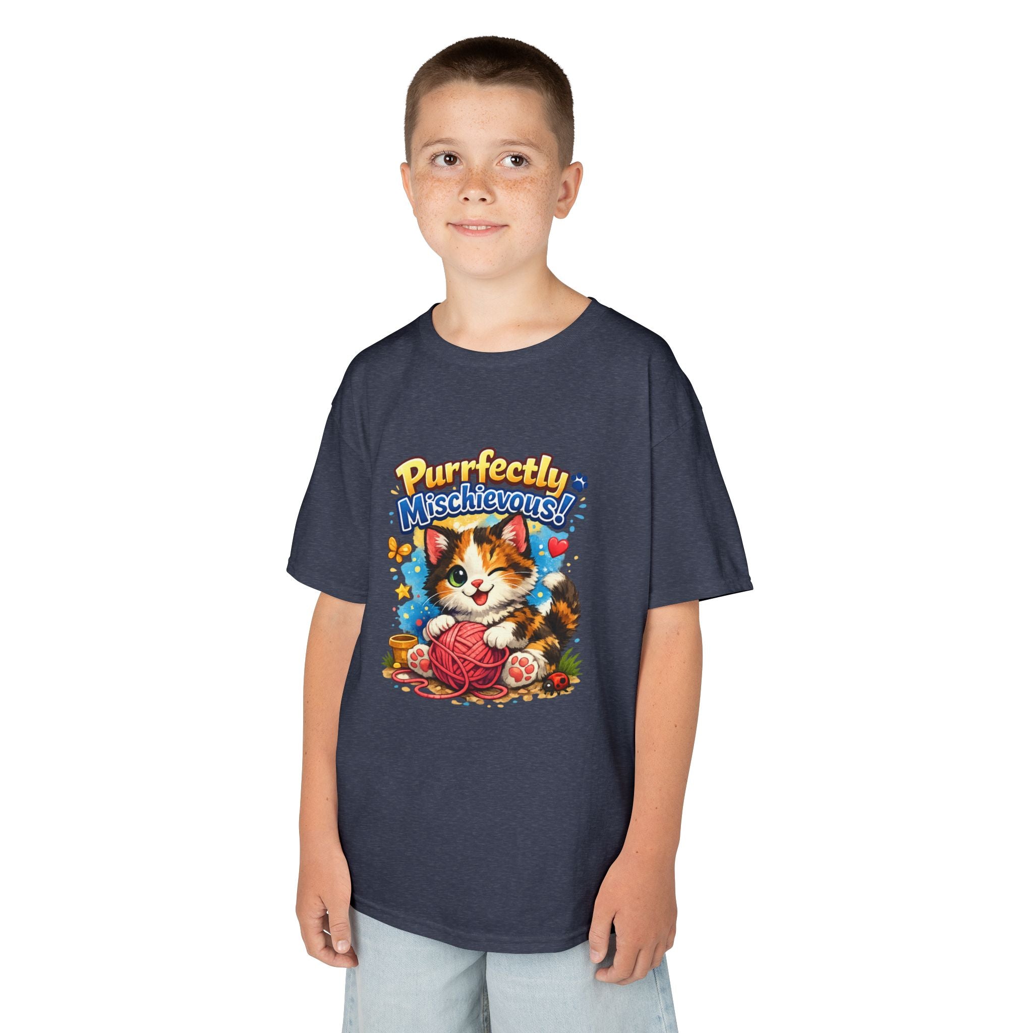 Kids T-Shirt — "Purrfectly Mischievous" Cute Kitten Playing with Yarn