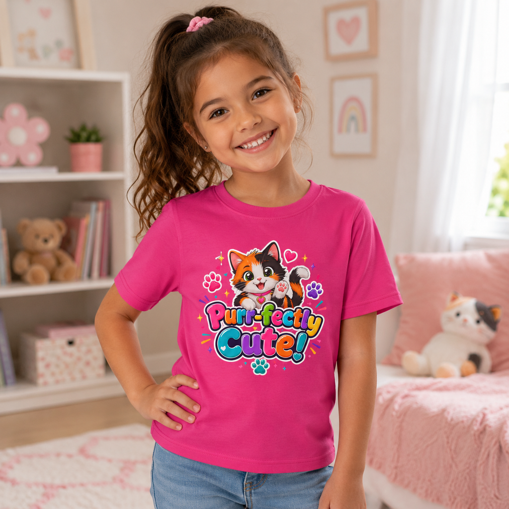 Kids Tee — “Purr-fectly Cute!” Colorful Calico Cat Graphic