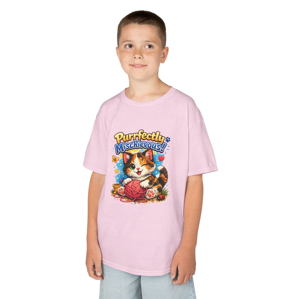 Kids T-Shirt — "Purrfectly Mischievous" Cute Kitten Playing with Yarn