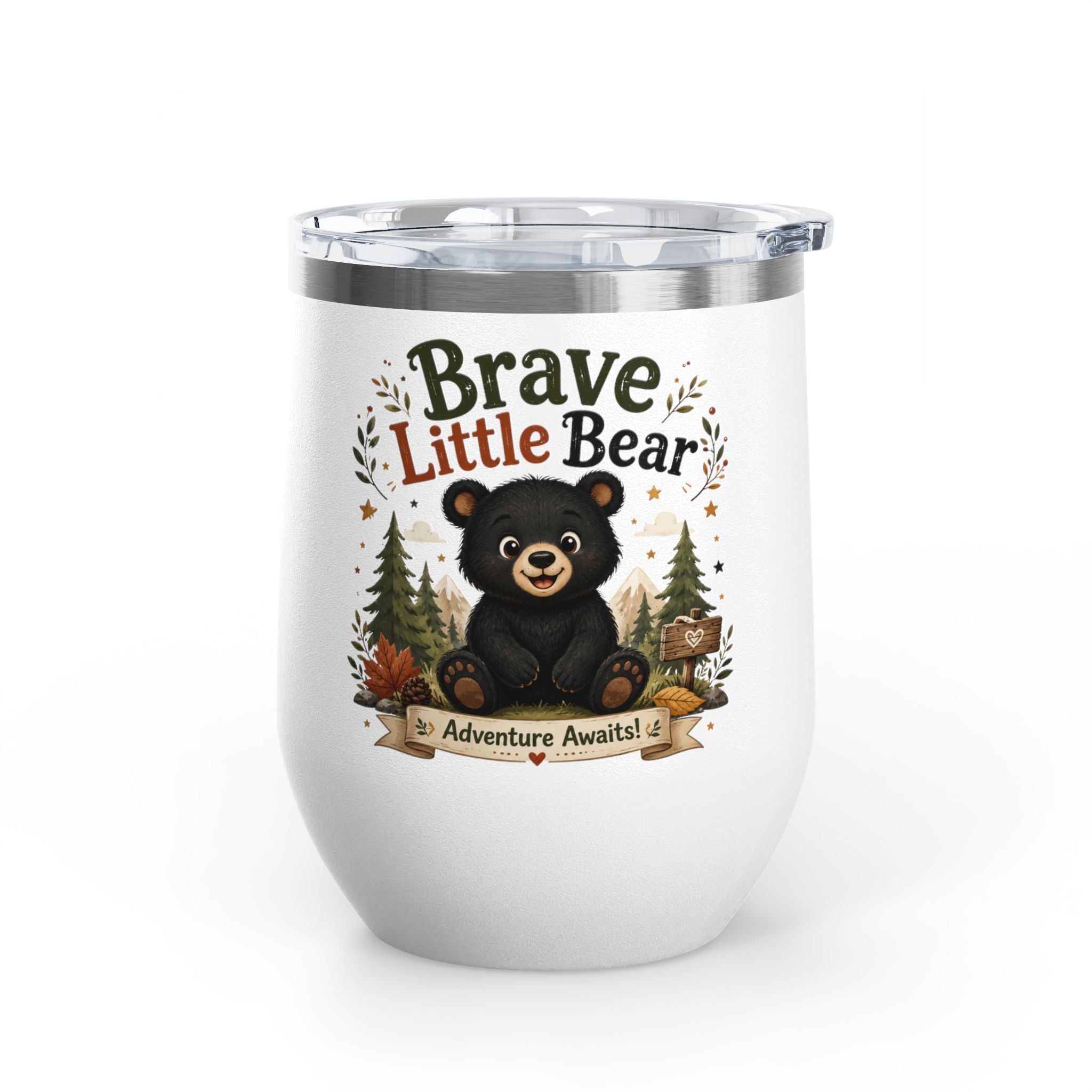 Brave Little Bear 12oz Tumbler — 'Adventure Awaits' Insulated Travel Cup