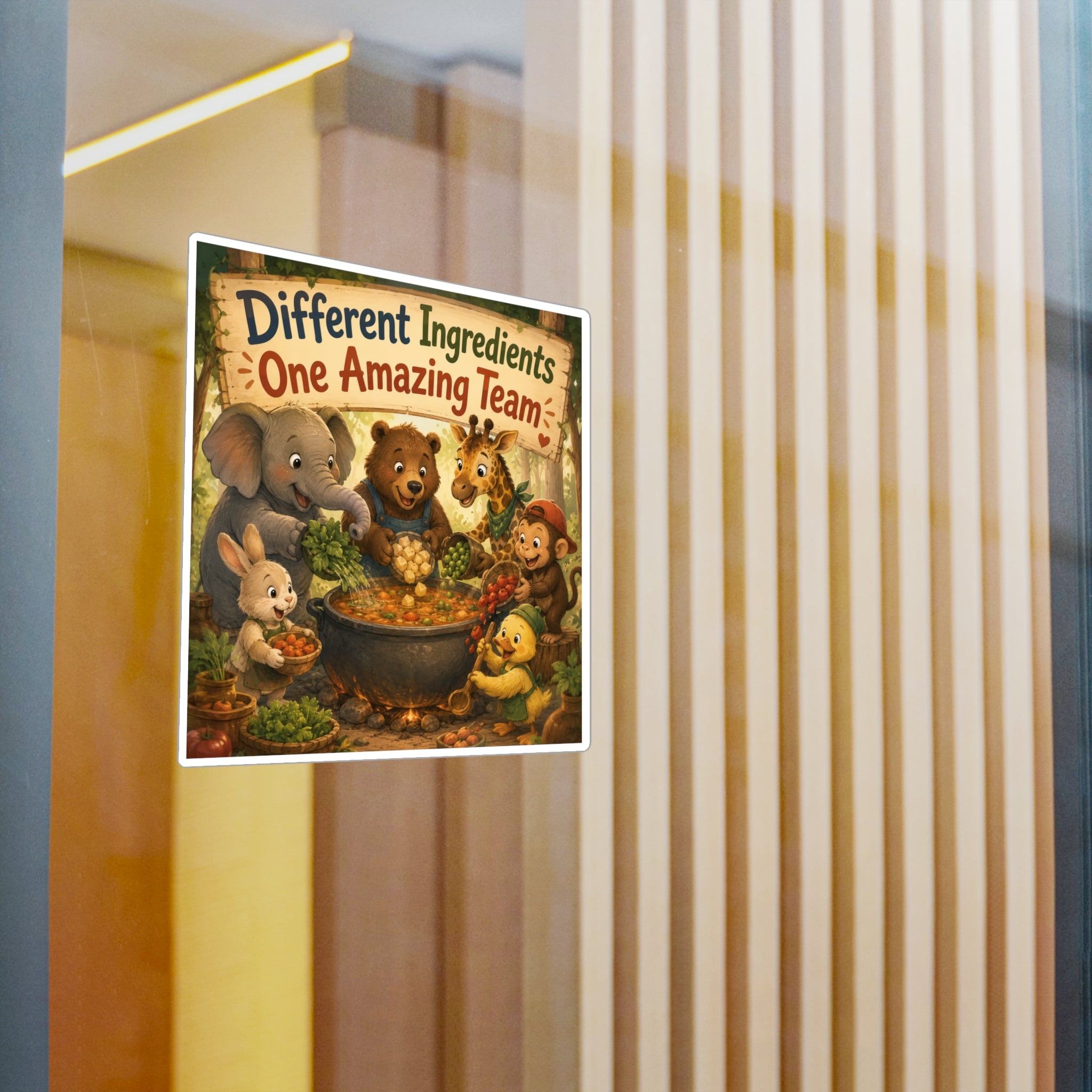 Kiss-Cut Vinyl Sticker — "Different Ingredients One Amazing Team" Cute Woodland Animals Teamwork Decal