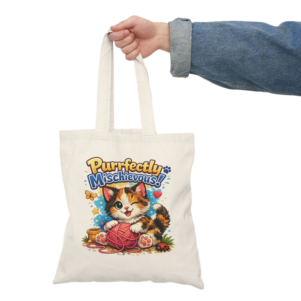 Natural Tote Bag - "Purrfectly Mischievous" Cute Kitten Yarn Shopper Tote