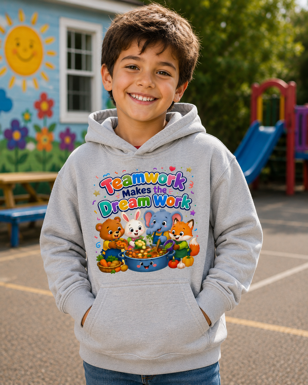 Kids Hoodie - "Teamwork Makes the Dream Work" Cute Animal Crew