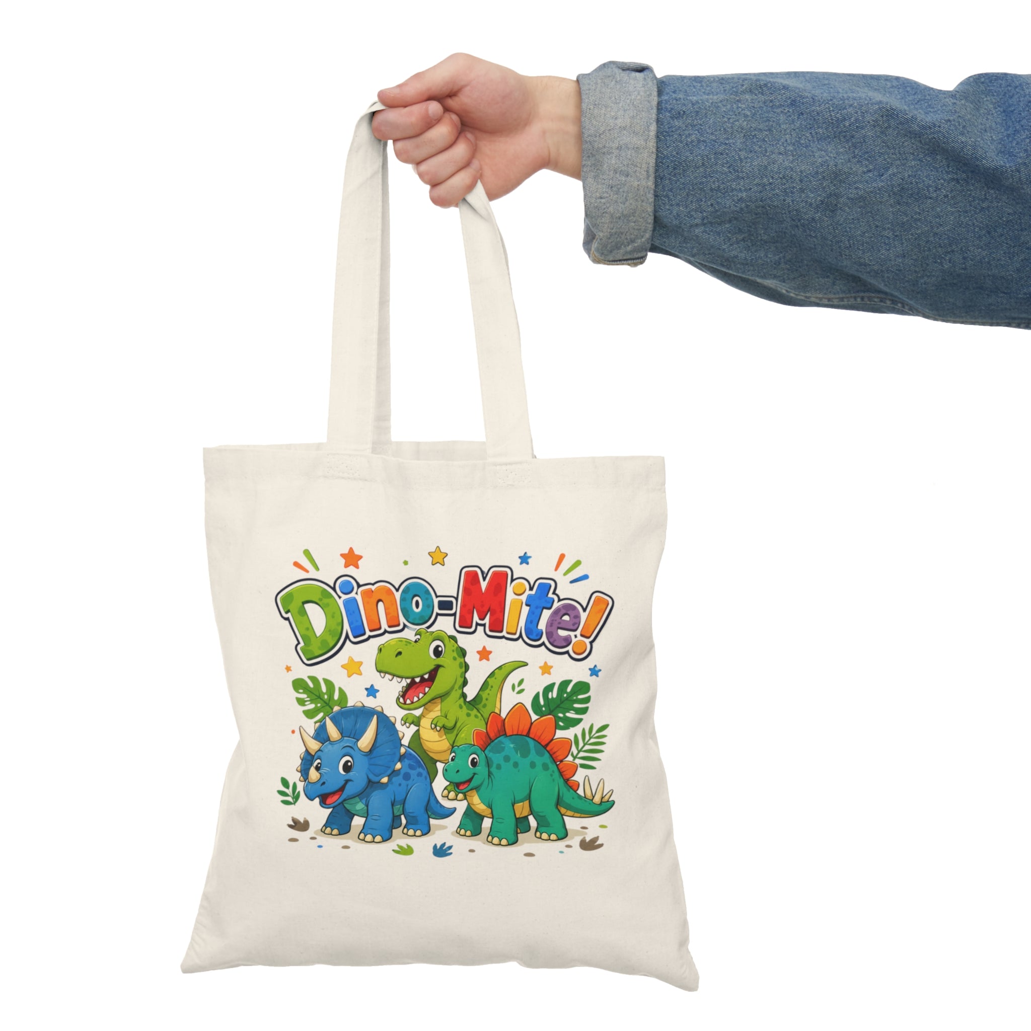 Dino-Mite! Cute Kids Dinosaur Tote Bag — Canvas Natural Grocery & School Bag