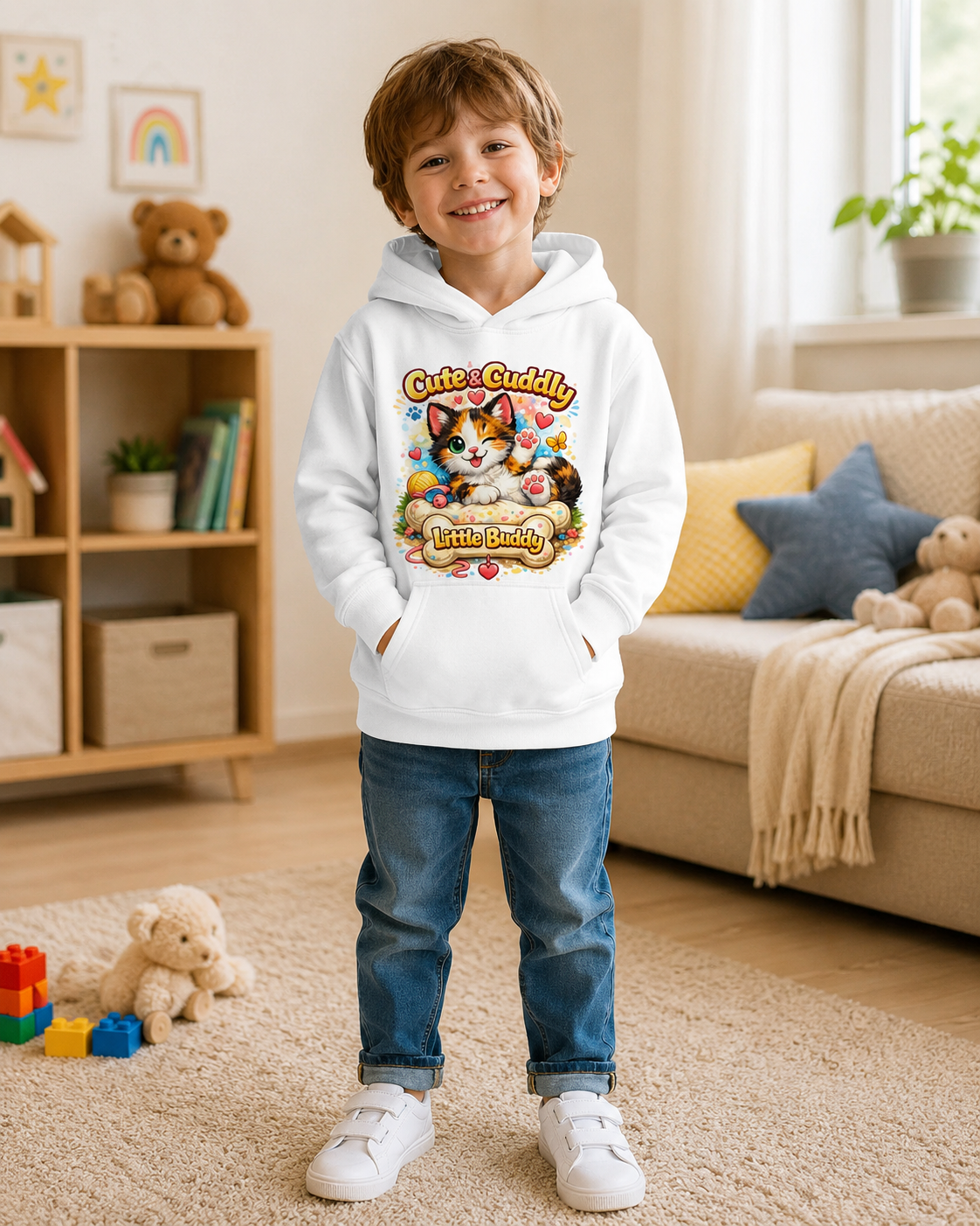Cute & Cuddly Kitten Kids Hoodie — “Little Buddy” Graphic