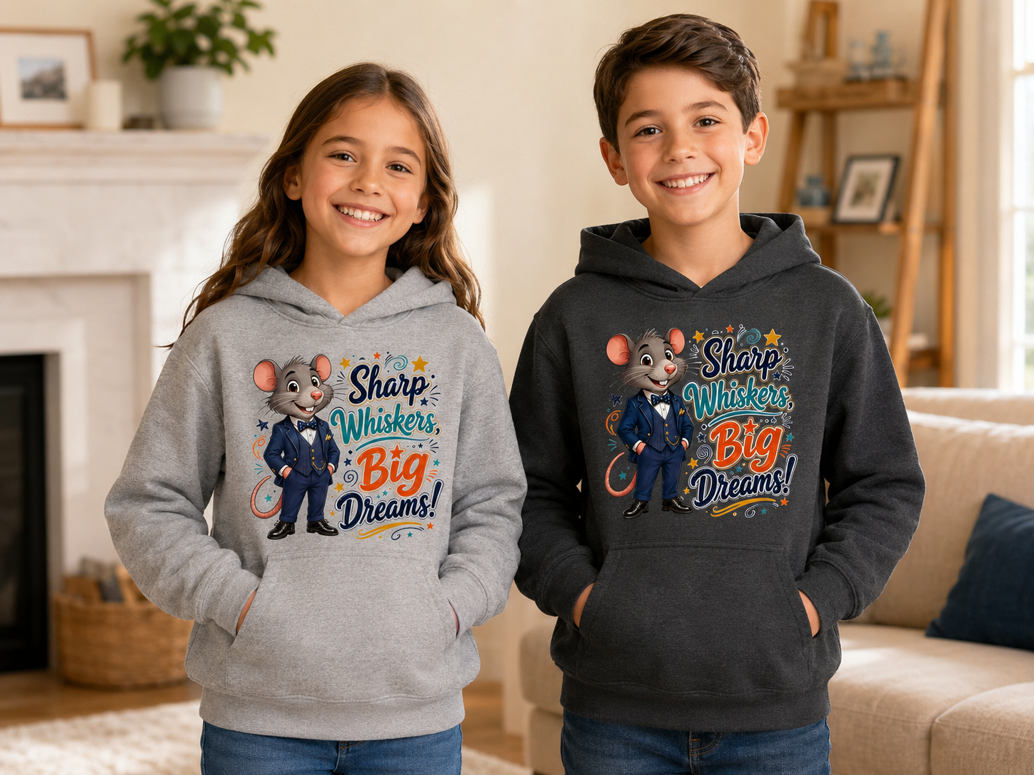 Kids Hoodie — Sharp Whiskers, Big Dreams! Cute Motivational Mouse Graphic Hoodie