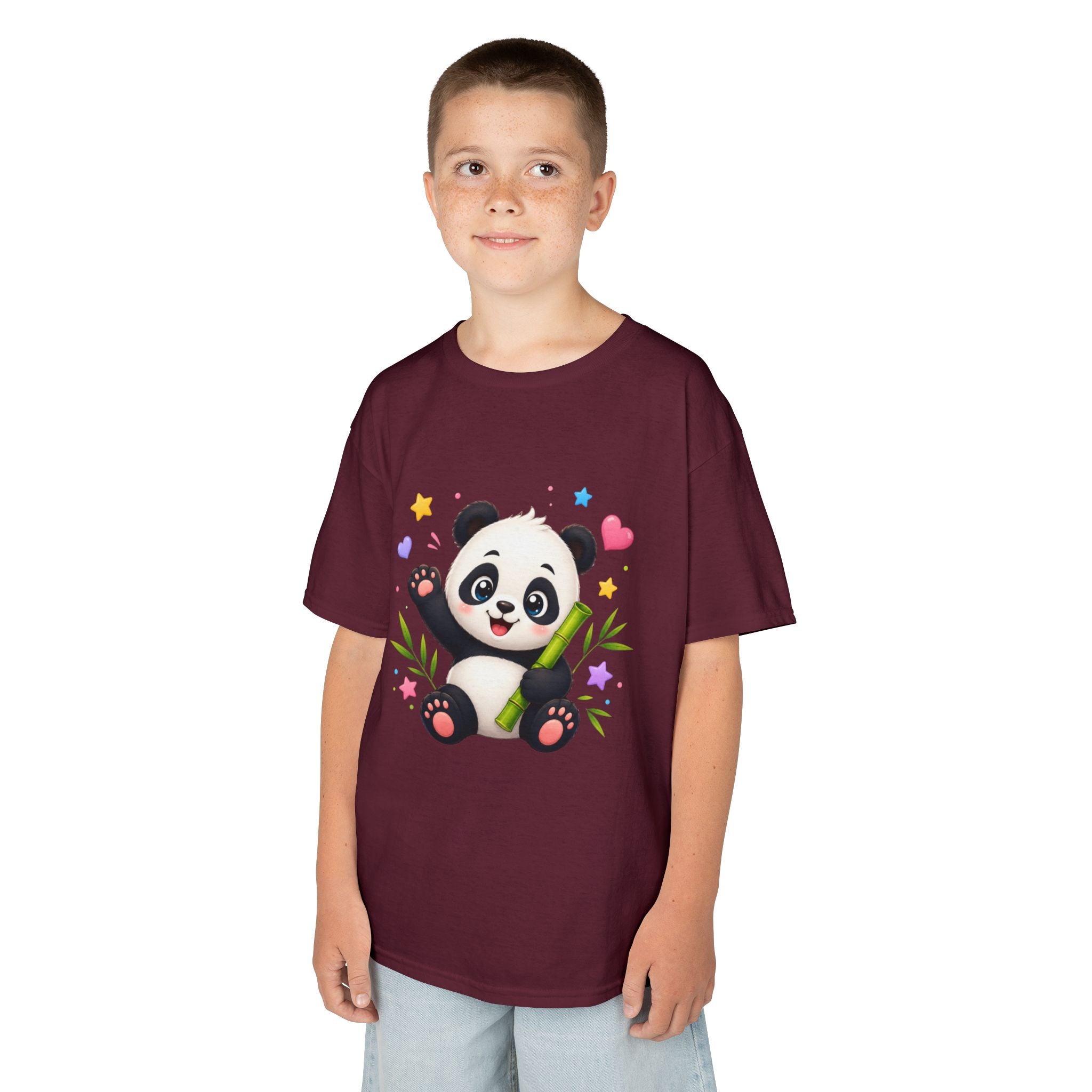 Cute Panda Kids T‑Shirt — Smiling Baby Panda with Hearts & Bamboo