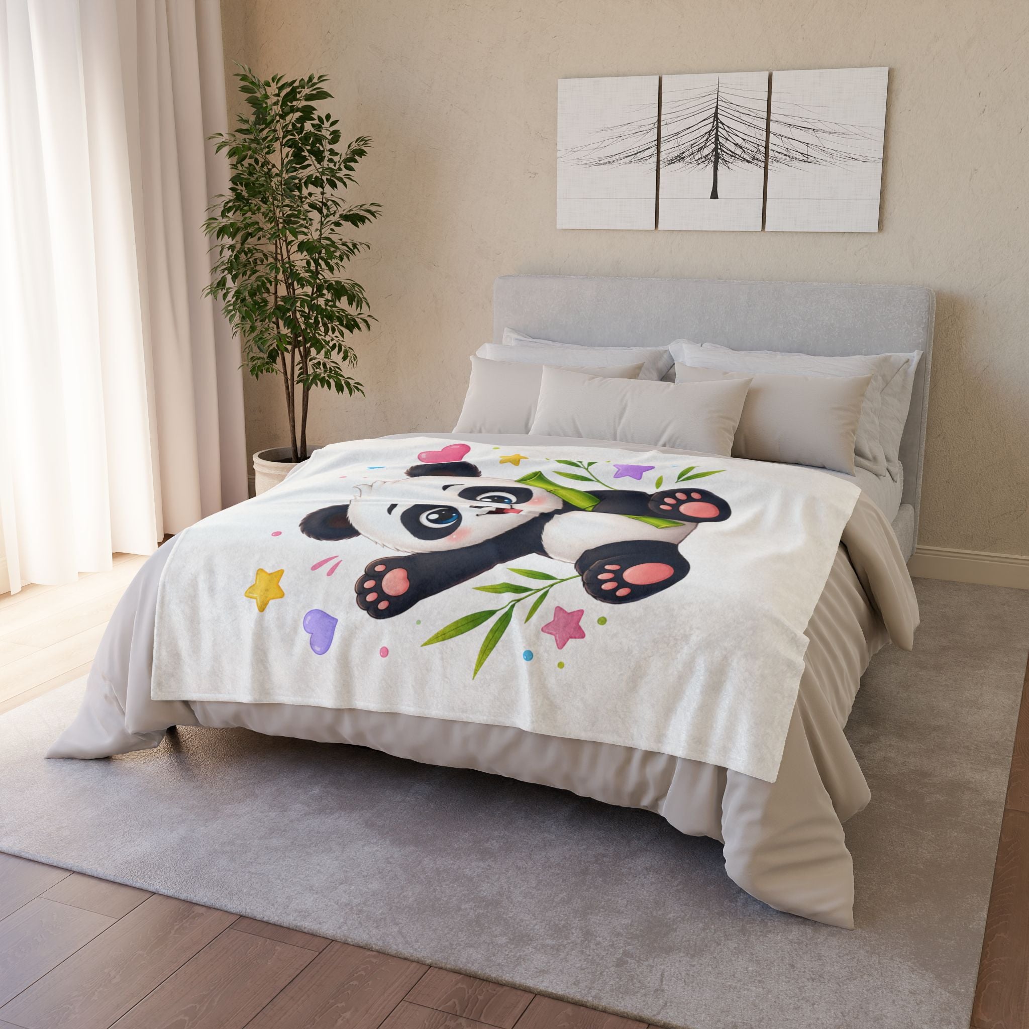 Cute Panda Baby Blanket — Soft Polyester Throw with Bamboo & Hearts Design