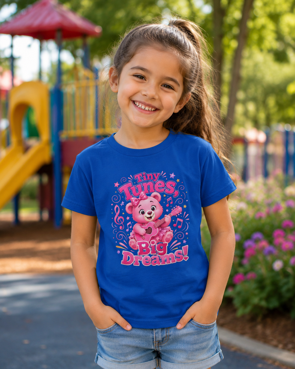 Kids T-Shirt — "Tiny Tunes, Big Dreams" Cute Pink Bear Music Tee