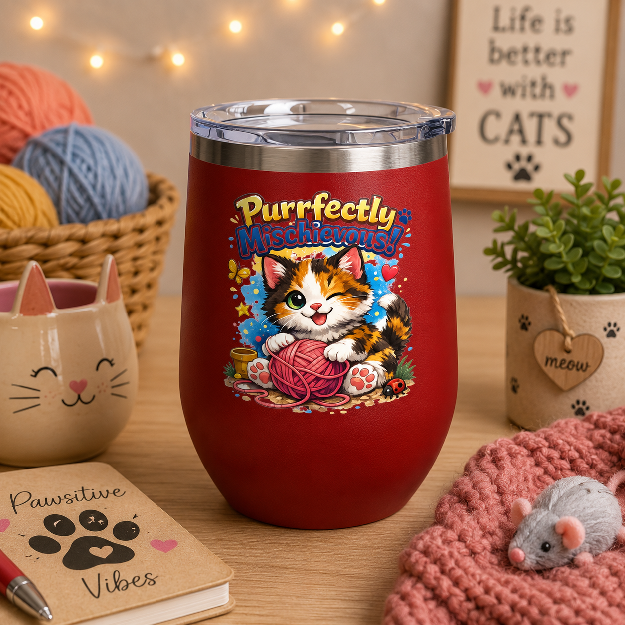Purrfectly Mischievous 12oz Tumbler — Cute Playful Kitten Design