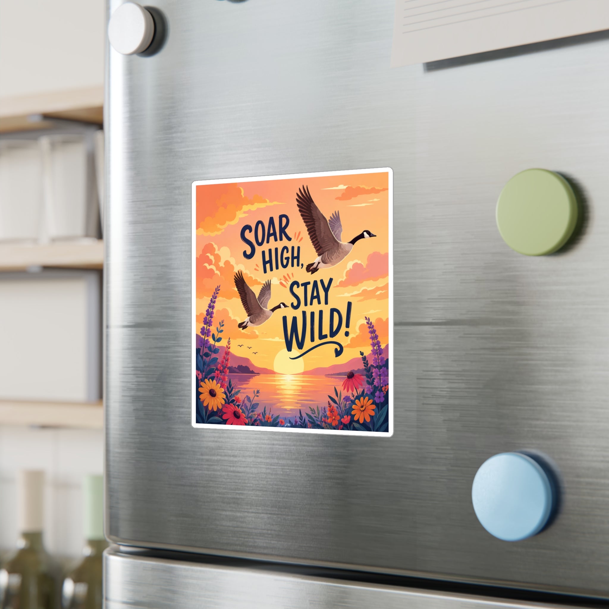 Soar High Stay Wild Vinyl Sticker — Goose Sunset Kiss-Cut Decal