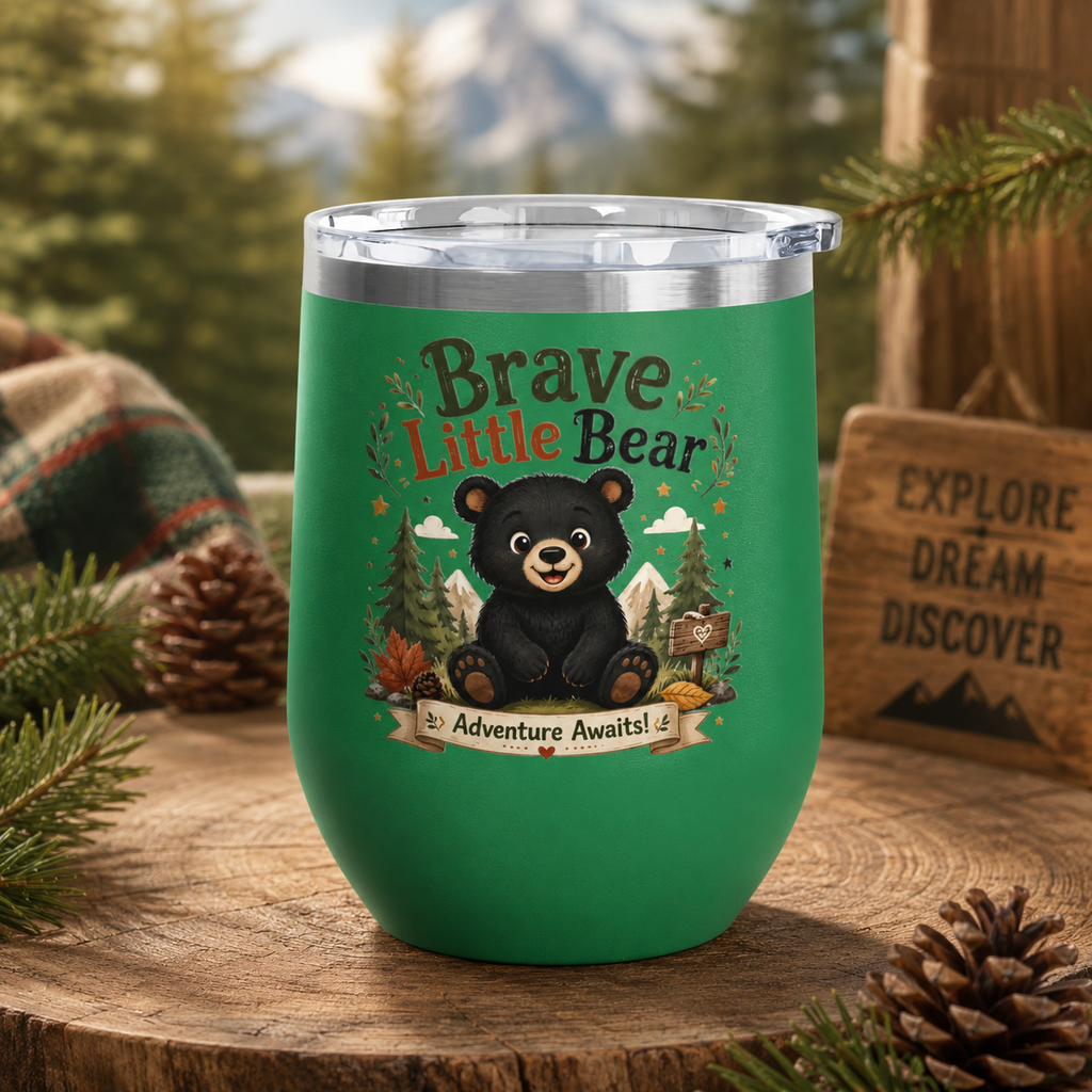 Brave Little Bear 12oz Tumbler — 'Adventure Awaits' Insulated Travel Cup