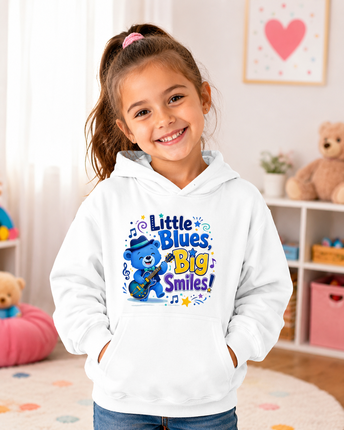 Kids Hoodie - "Little Blues, Big Smiles" Cute Blue Bear Guitar Hoodie for Toddlers