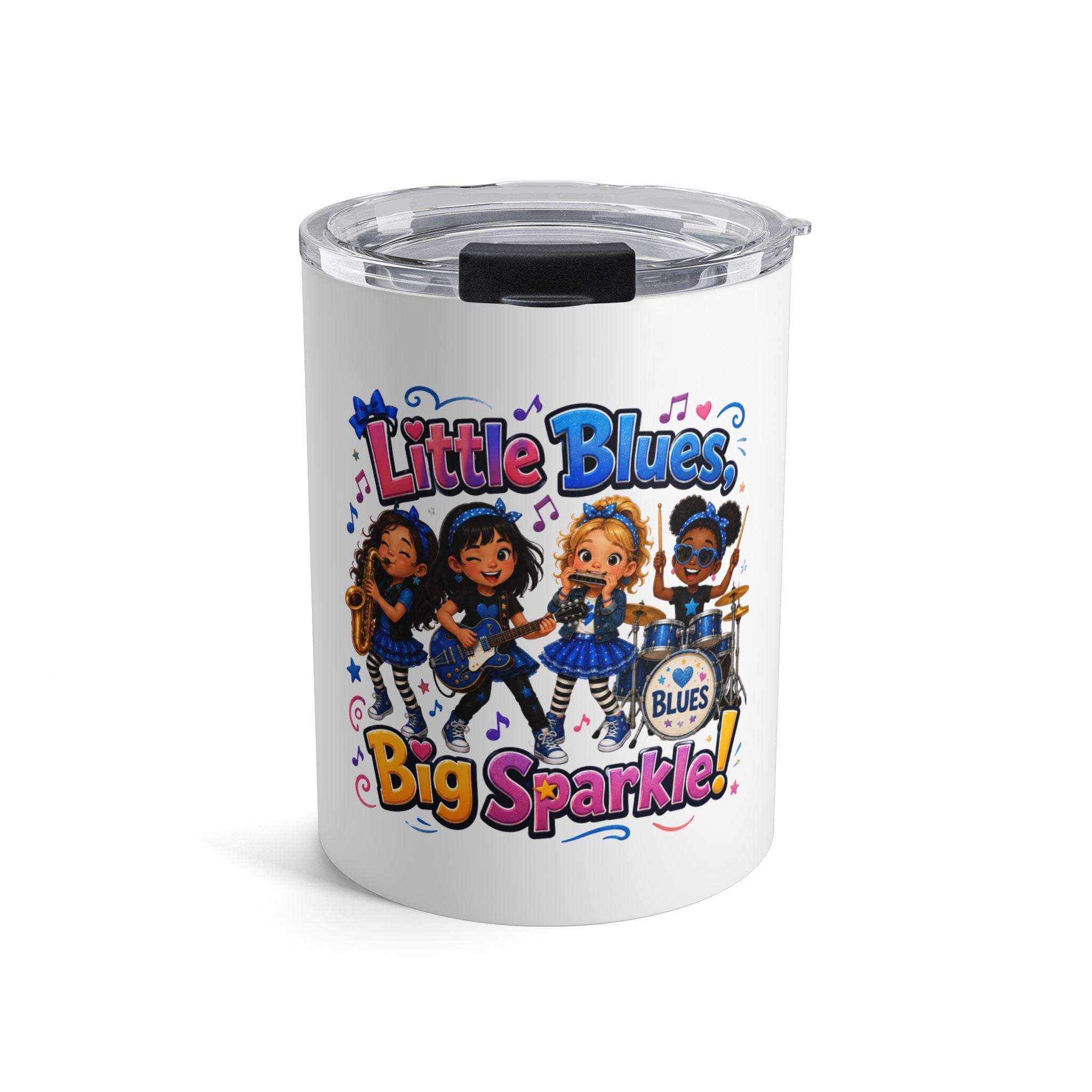 Little Blues, Big Sparkle 10oz Tumbler — Cute Girls’ Music Band Kids Travel Cup