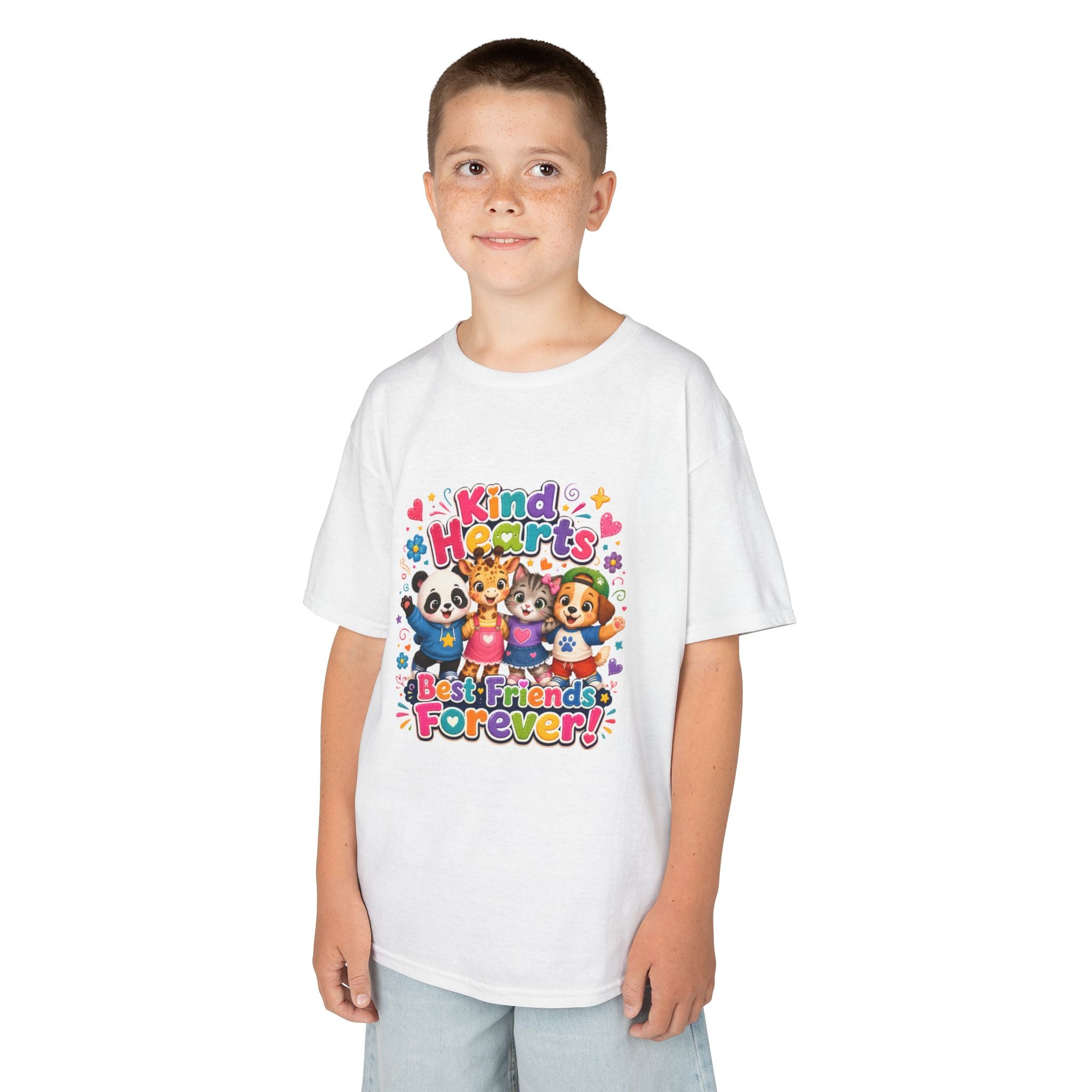 Kids Tee — "Kind Hearts Best Friends Forever" Colorful Cartoon Animals