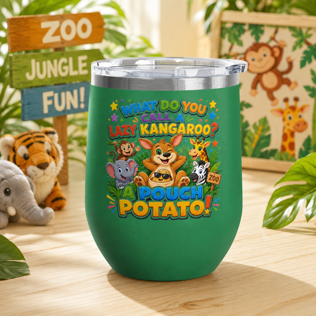 "What Do You Call a Lazy Kangaroo? A Pouch Potato!" Cute Animal Joke 12oz Insulated Tumbler