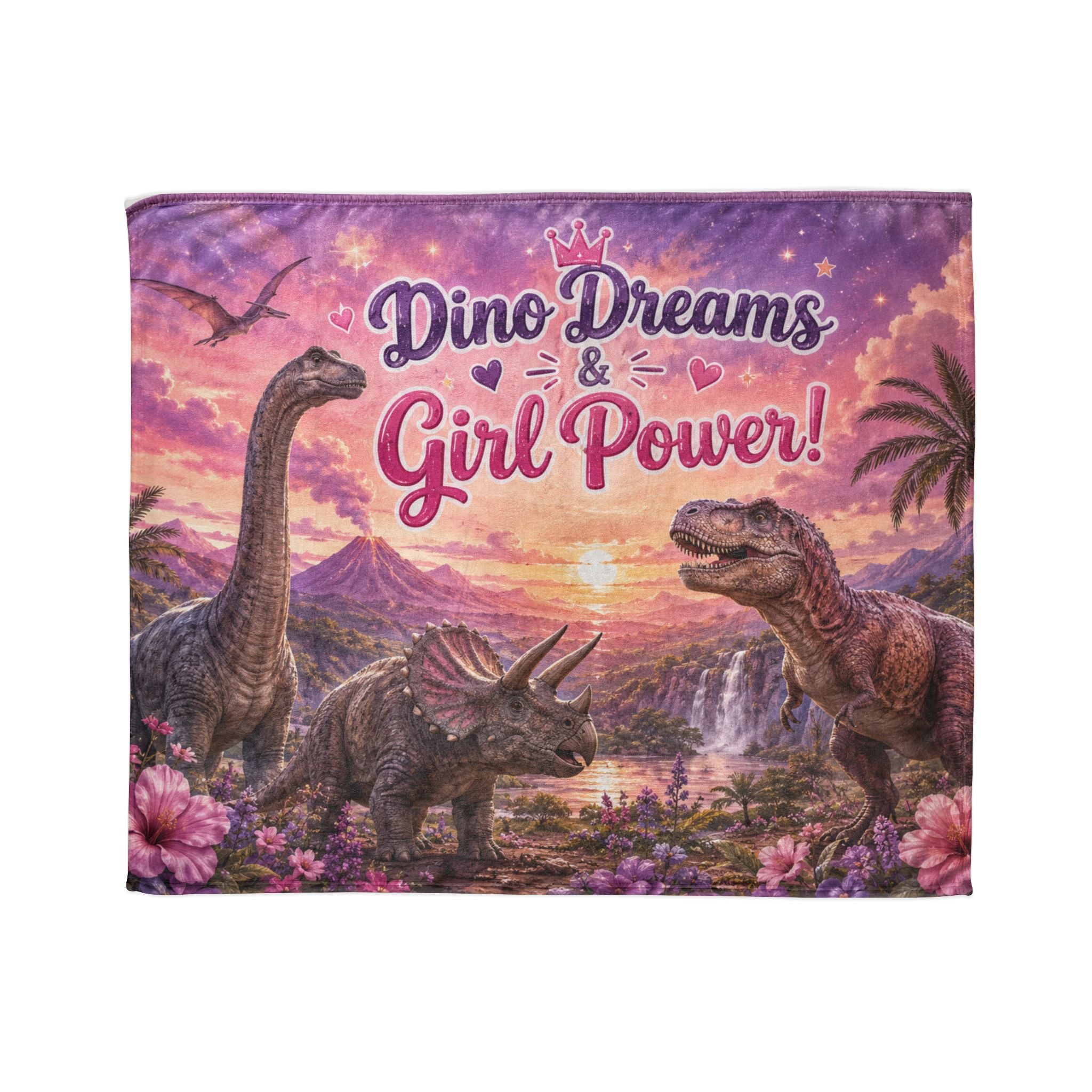 Dino Dreams & Girl Power! Polyester Blanket — Girls' Pink Dinosaur Throw