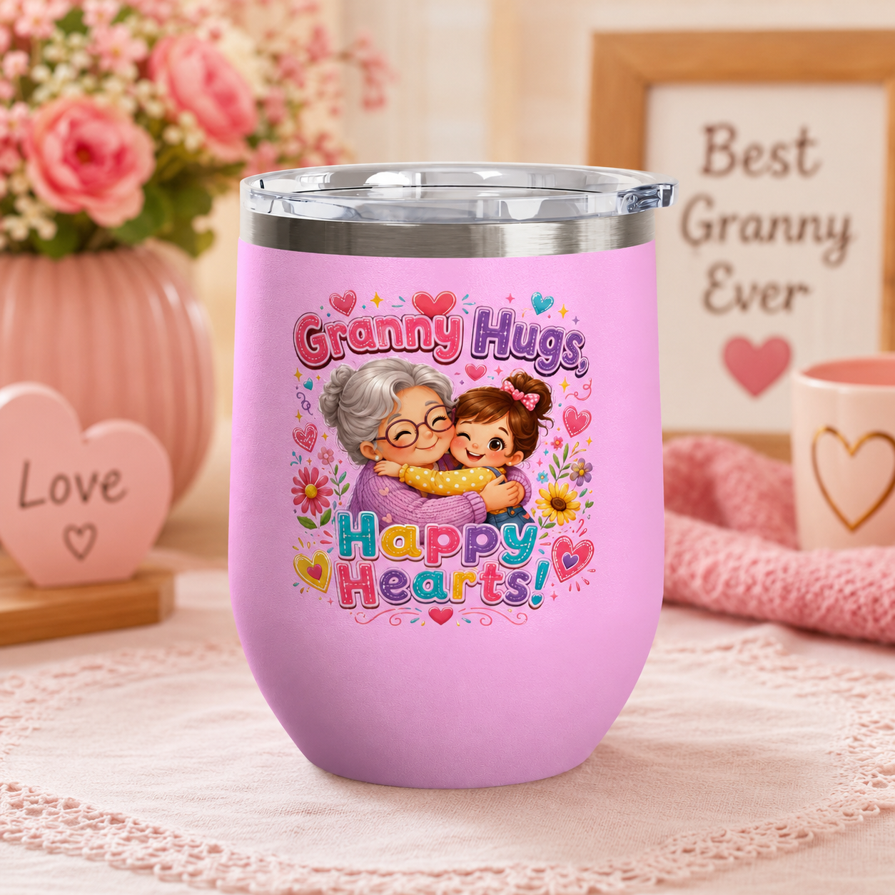 Granny Hugs Happy Hearts 12oz Tumbler — Cute Grandma & Grandchild Gift