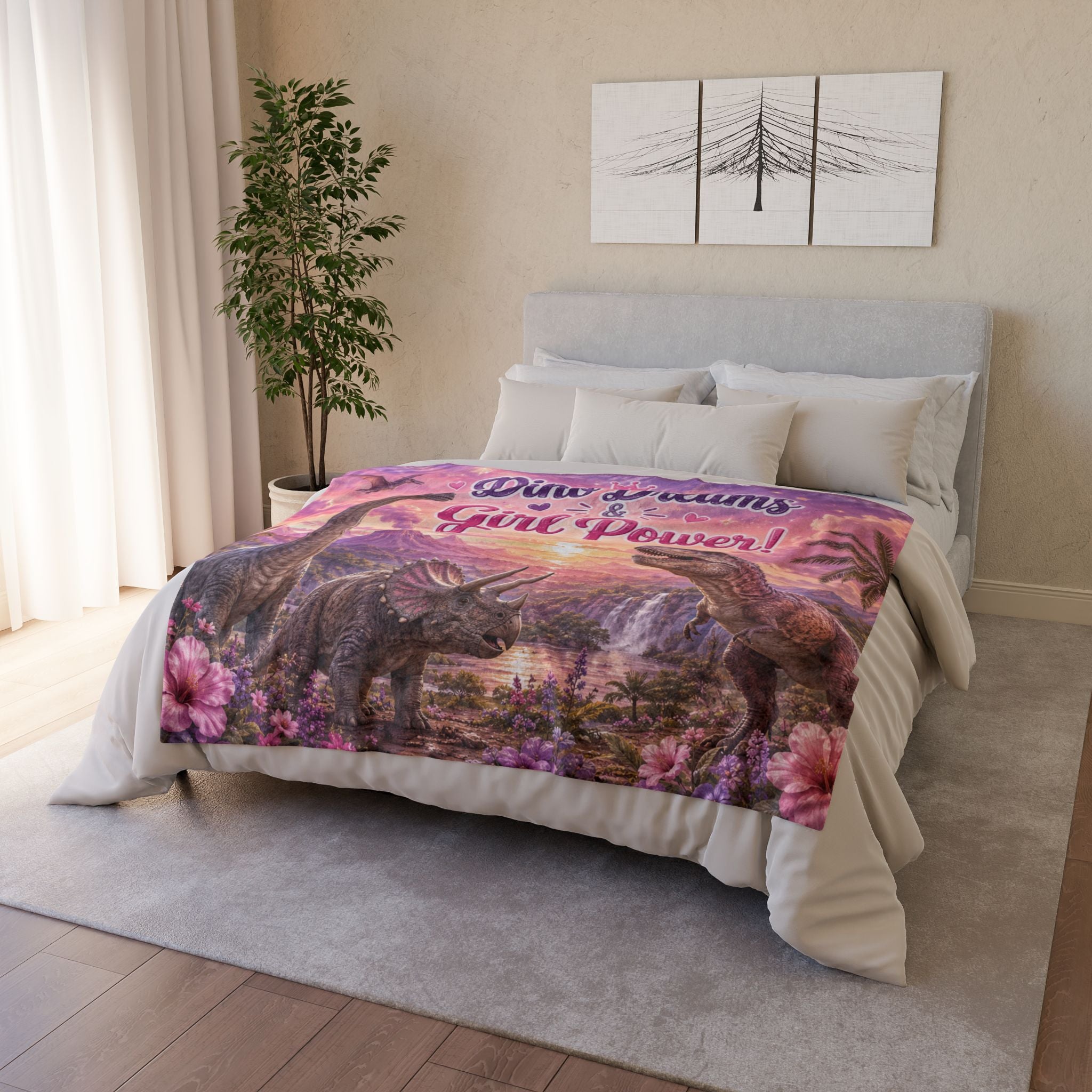 Dino Dreams & Girl Power! Polyester Blanket — Girls' Pink Dinosaur Throw