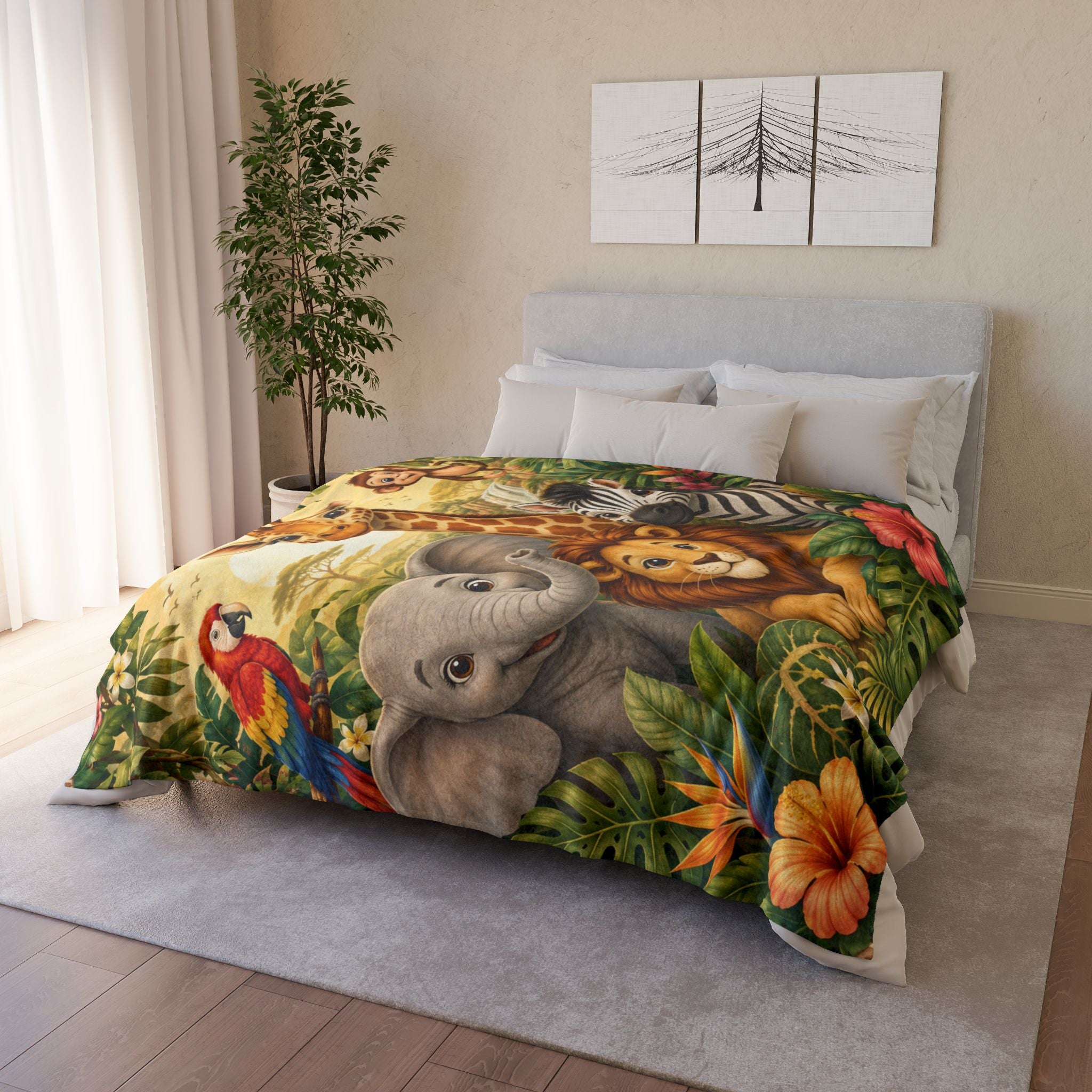 Safari Animal Friends Blanket | Jungle Lion Giraffe Elephant Zebra Monkey Parrot