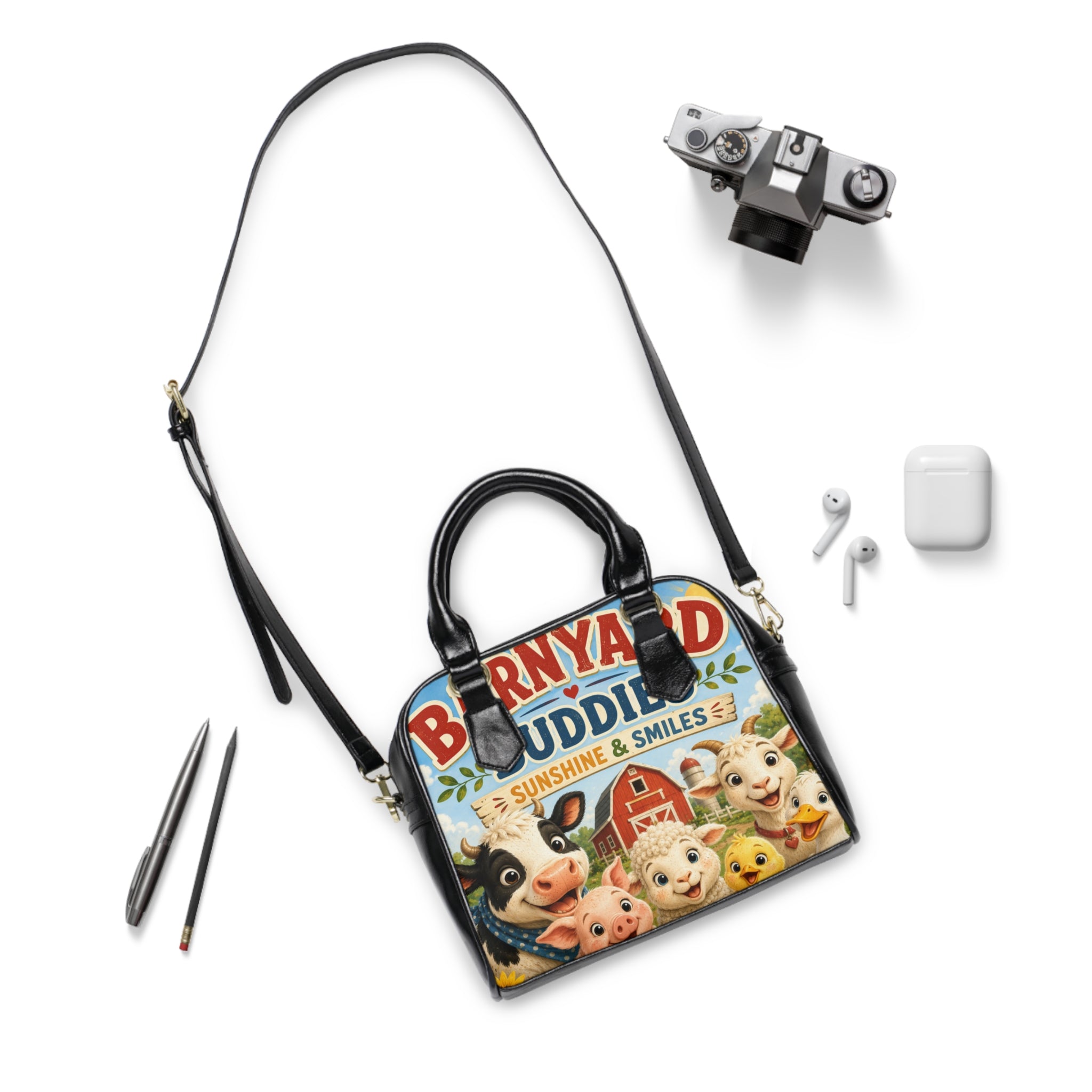 Barnyard Buddies Shoulder Handbag — Cute Farm Animal Tote with 'Sunshine & Smiles' Design